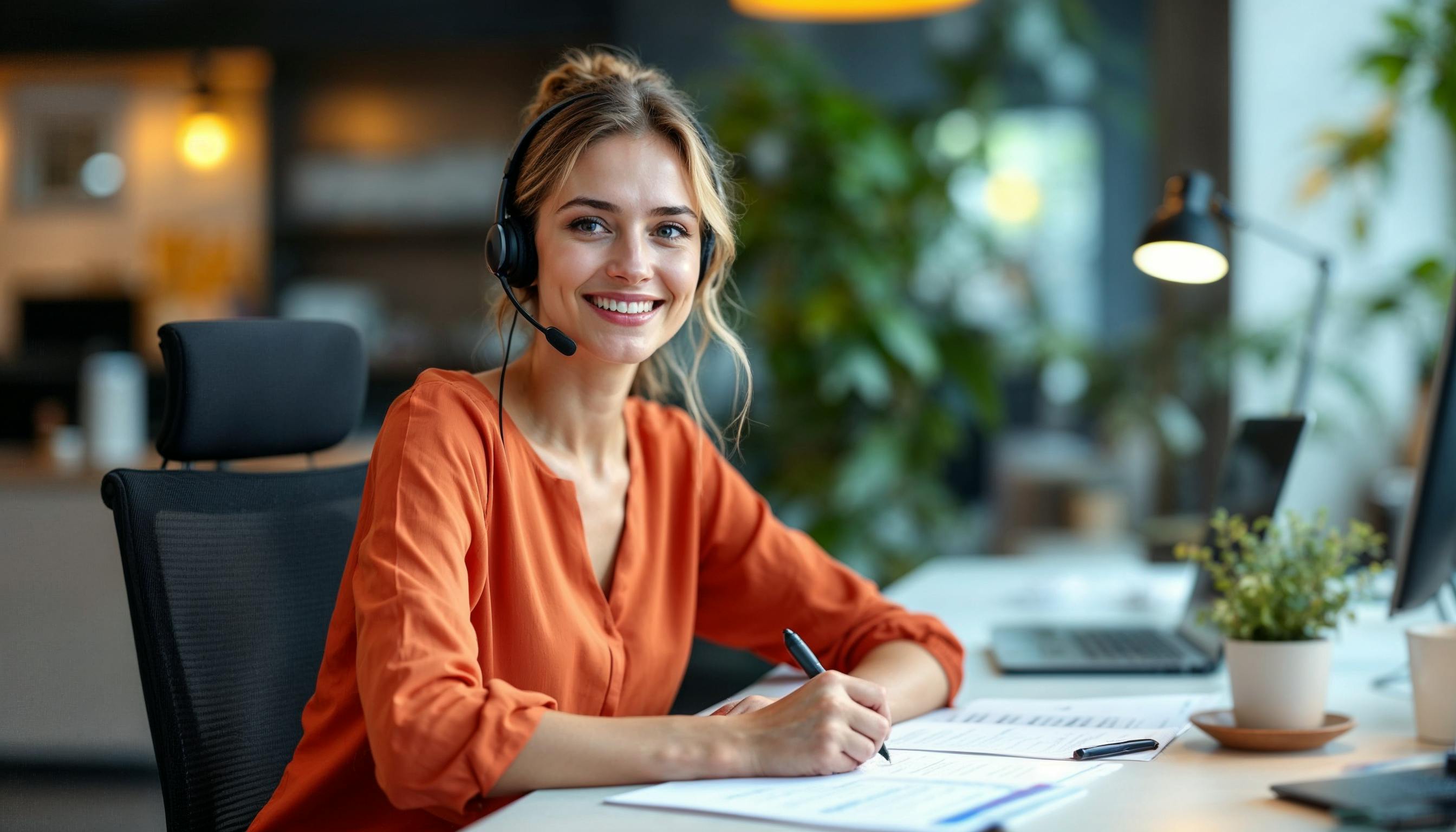 Frau mit Tablet in der Hand und Headset
